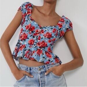 ZARA Floral Blue and Red Women's Ruffle Cap Sleeve Crop Top Size S Side Zipper